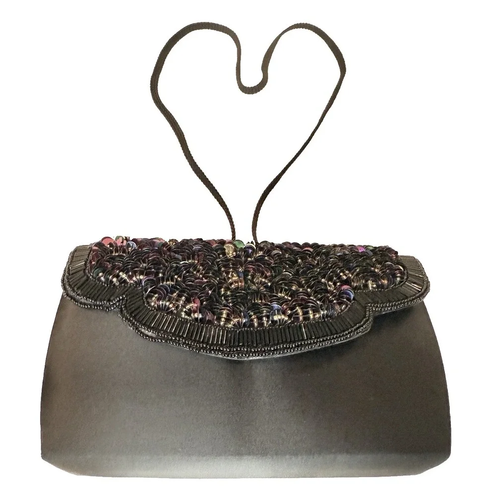 VTG La Regale Clutch Black‎ Satin Beaded Prom Mermaidcore Iridescent 
